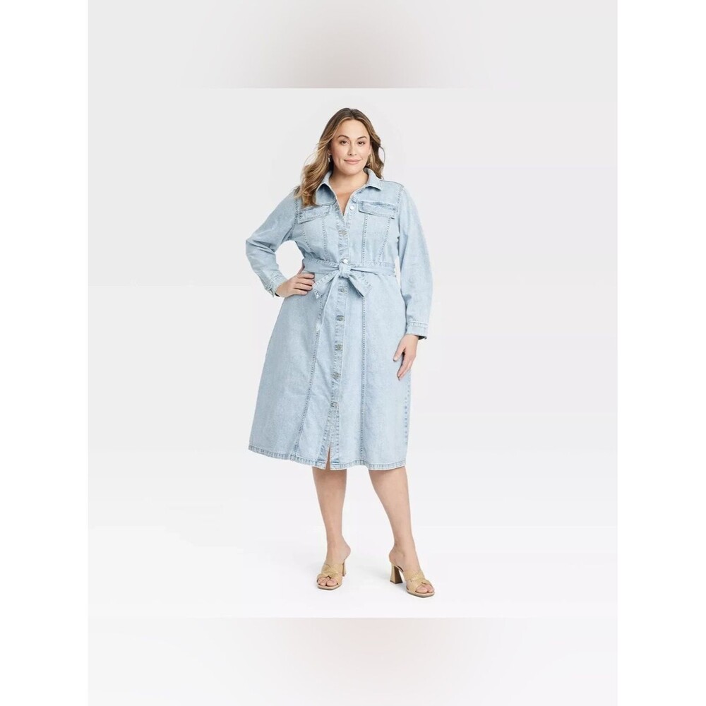 Ava Viv Denim Shirtdress Size 1x Long Sleeve Button Down Light Wash